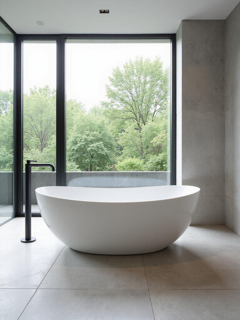 Luxurious modern bathroom featuring a white oval freestanding tub placed on a concrete floor near a large window, with a black floor-mounted faucet.