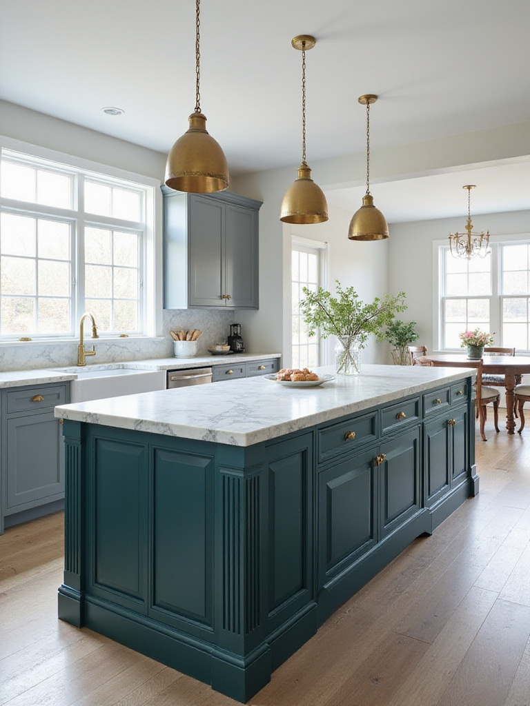 Kitchen island with teal fluted detailing and white marble countertop.