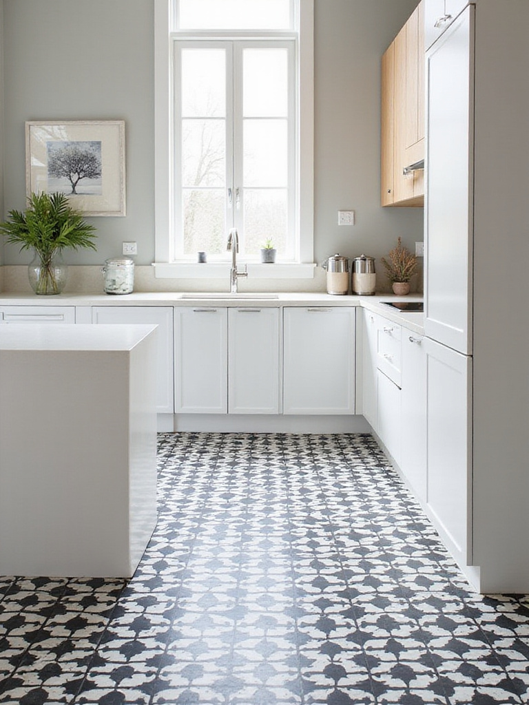 A modern kitchen with a bold black and white geometric patterned tile floor, white and wood cabinets, and a central island.