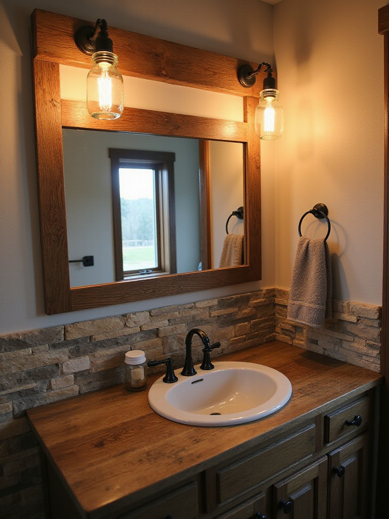 Rustic bathroom vanity with mason jar sconce lighting