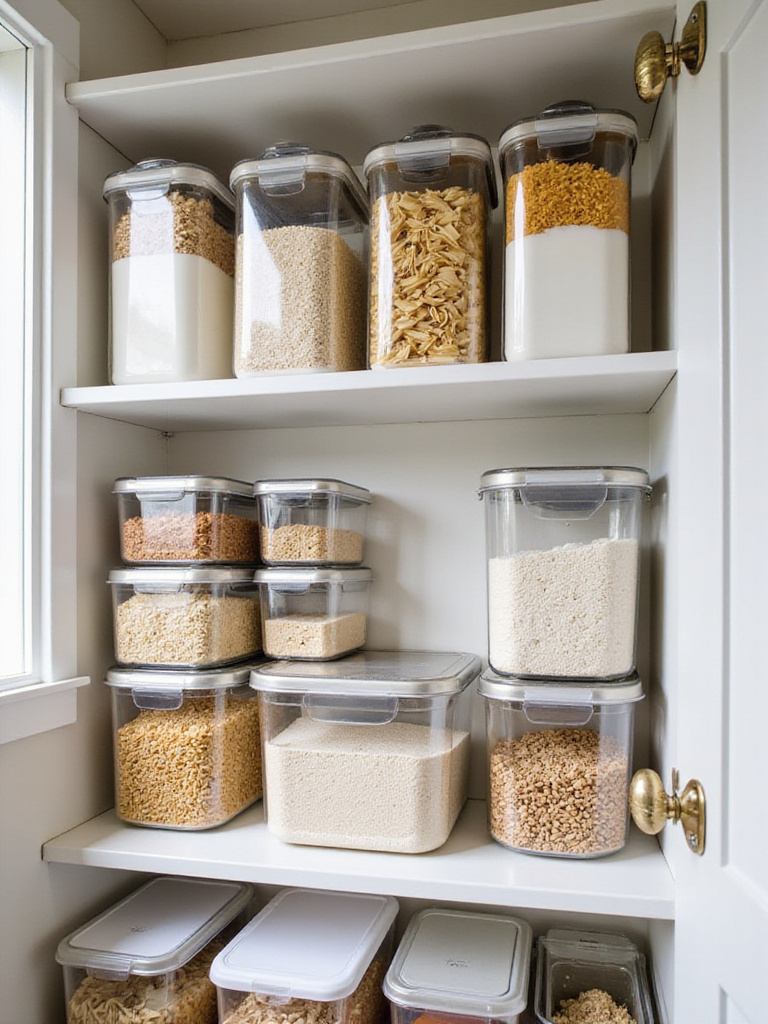 Organized pantry shelves filled with clear, stackable containers holding various dry goods like pasta, rice, and flour, demonstrating efficient kitchen storage.