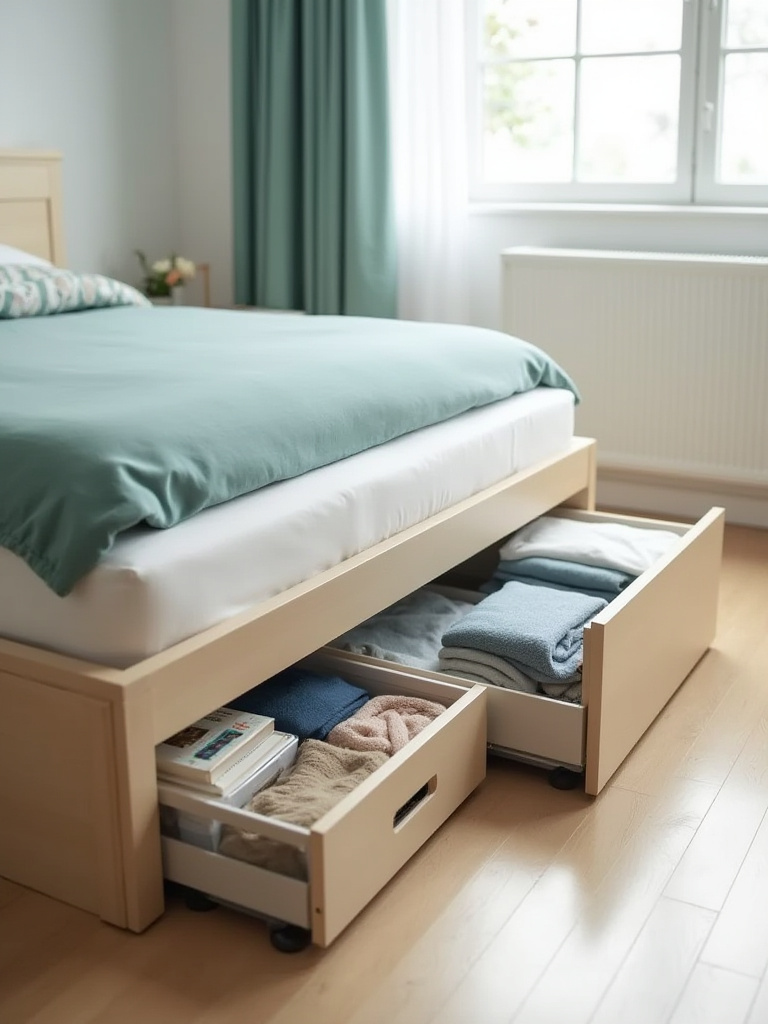 Under-bed storage solutions in a modern bedroom, including plastic bins, fabric bags, and rolling drawers.