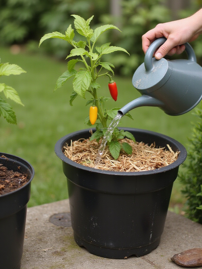 Mastering watering techniques for container success by watering deeply until water drains, with a nearby pot showing mulch to retain moisture.