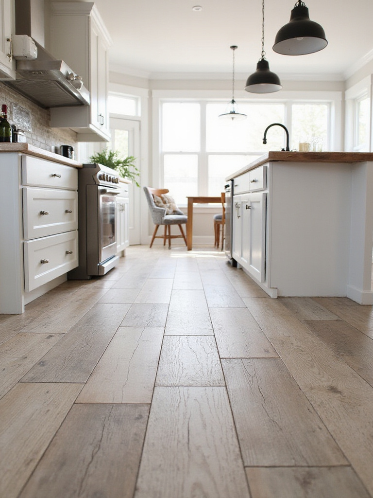 Modern farmhouse kitchen featuring distressed wood-look tile flooring.