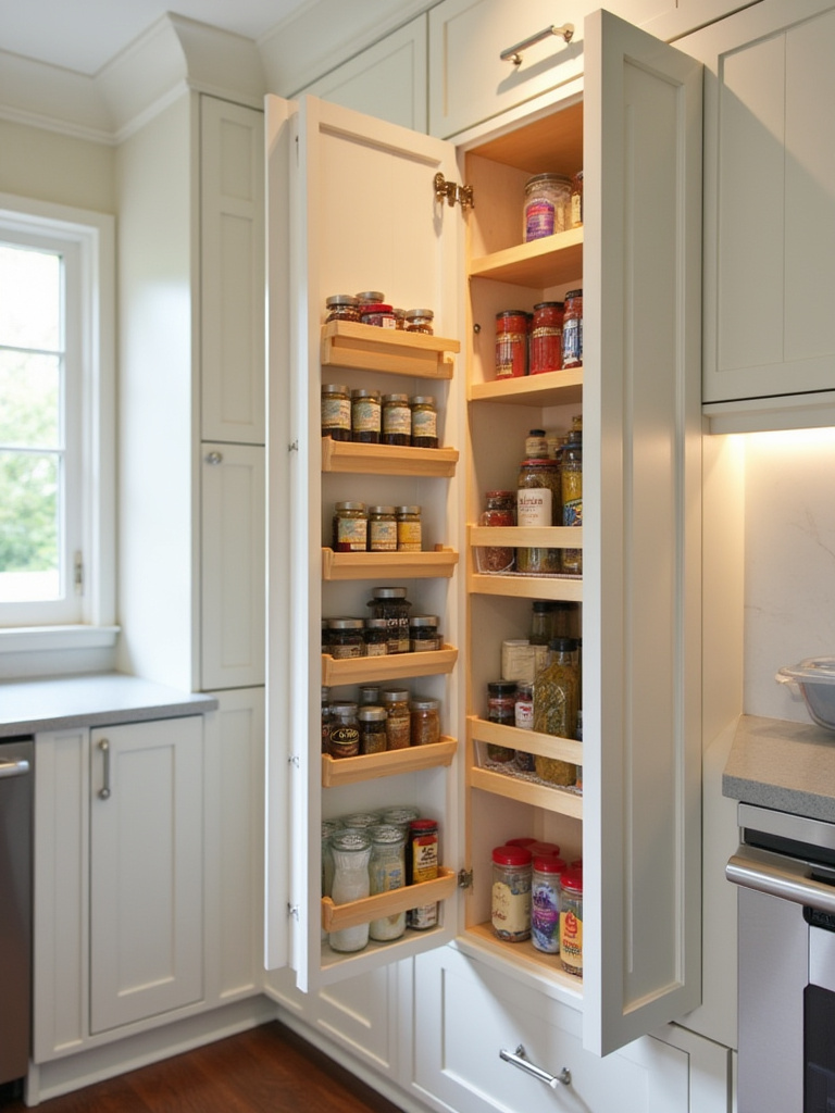 Organized kitchen cabinet with smart storage solutions including pull-out shelves and vertical dividers.