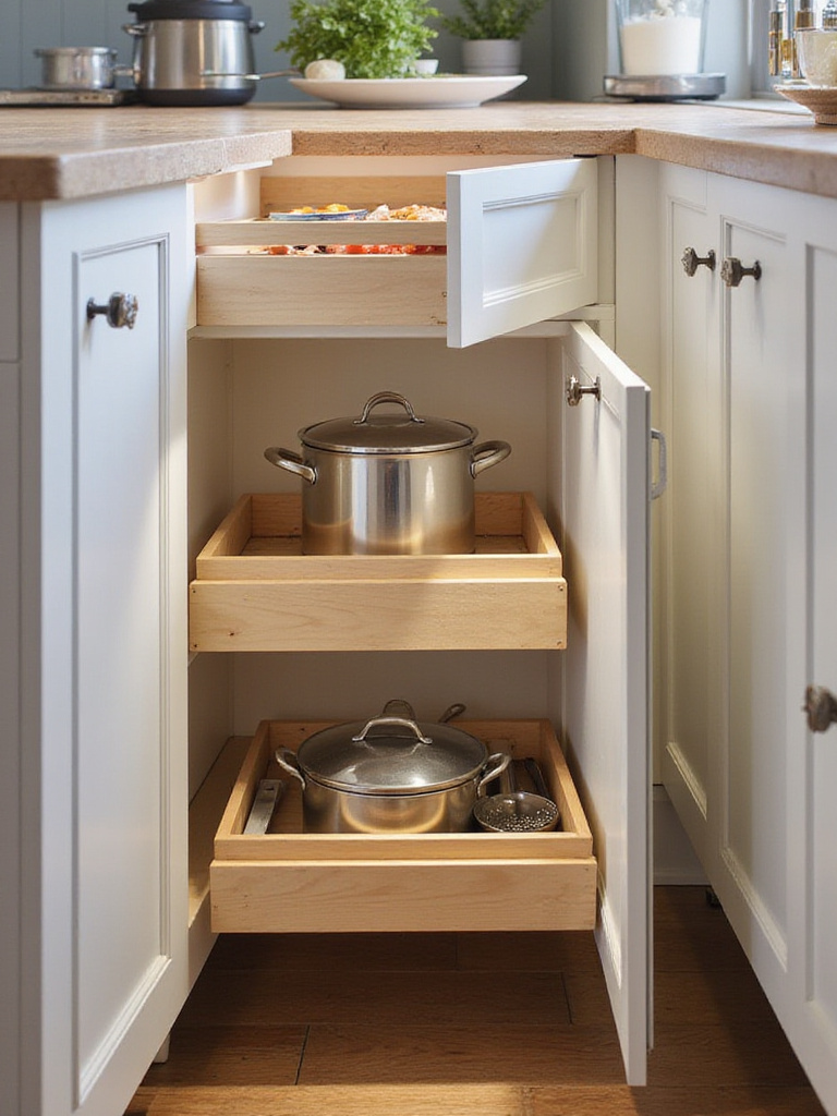 Interior view of a modern kitchen cabinet with pull-out shelves and a drawer with dividers, showcasing smart storage organizers.