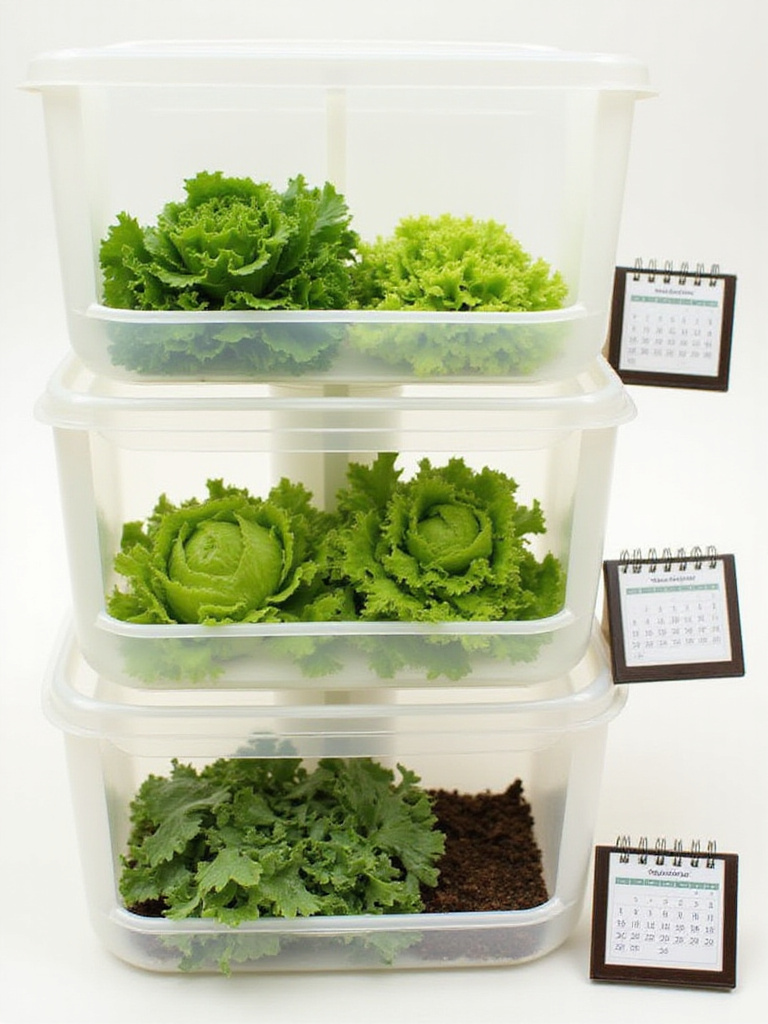 Maximizing harvests with succession planting techniques, showing containers of lettuce at different growth stages for a continuous supply.