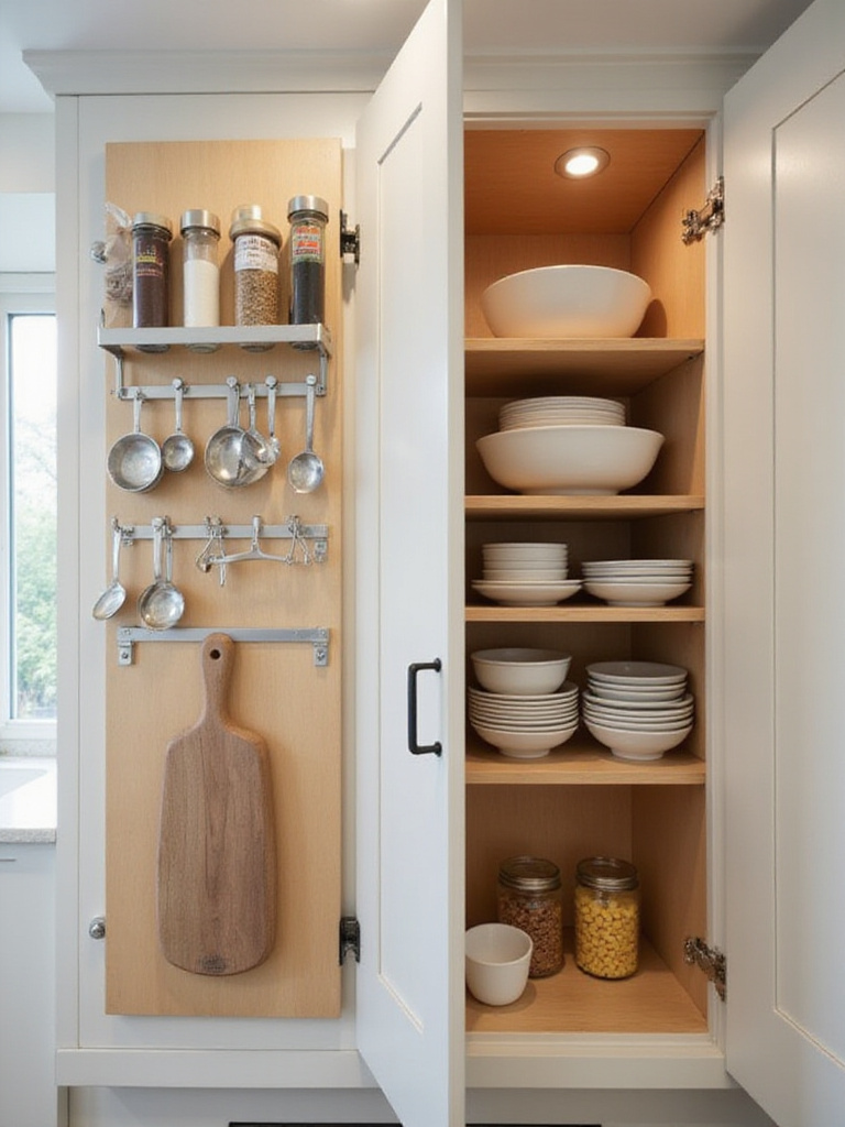 Inside view of an open kitchen cabinet door showing mounted storage solutions for spices, measuring tools, and cutting boards, maximizing space.