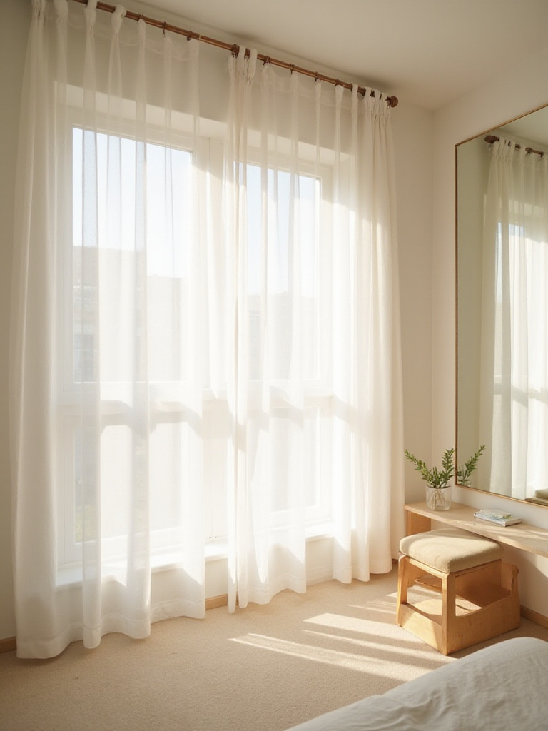 Small bedroom with sheer curtains and a mirror maximizing natural light.