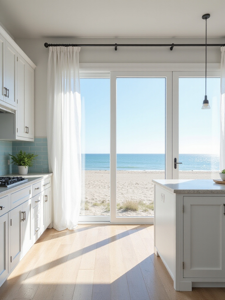 Bright coastal kitchen with large windows overlooking the beach, flooded with natural sunlight reflecting off white cabinets and light countertops.