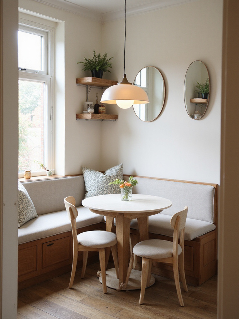 A compact dining area showcasing space-saving solutions like a round table, banquette seating, and wall-mounted shelving in a light-filled room.