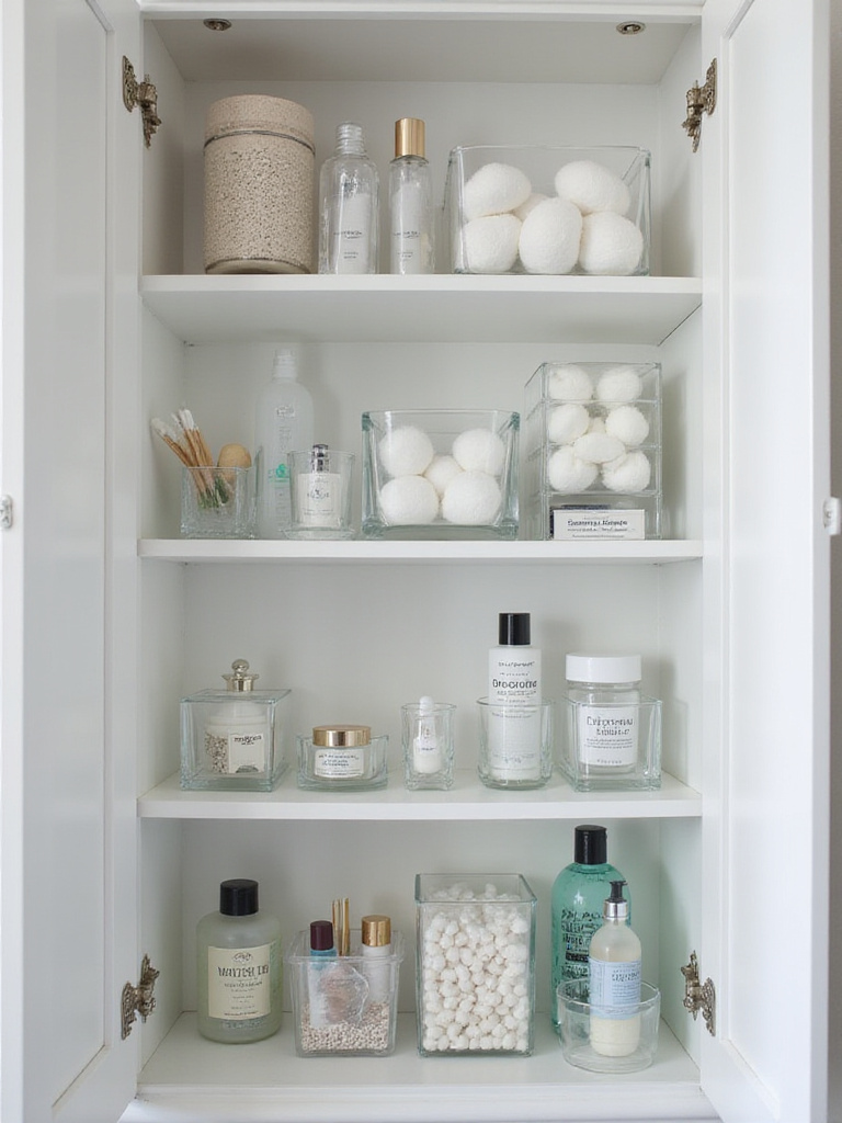 Open bathroom cabinet showcasing maximized storage space using various clear acrylic organizers filled with toiletries and small items.