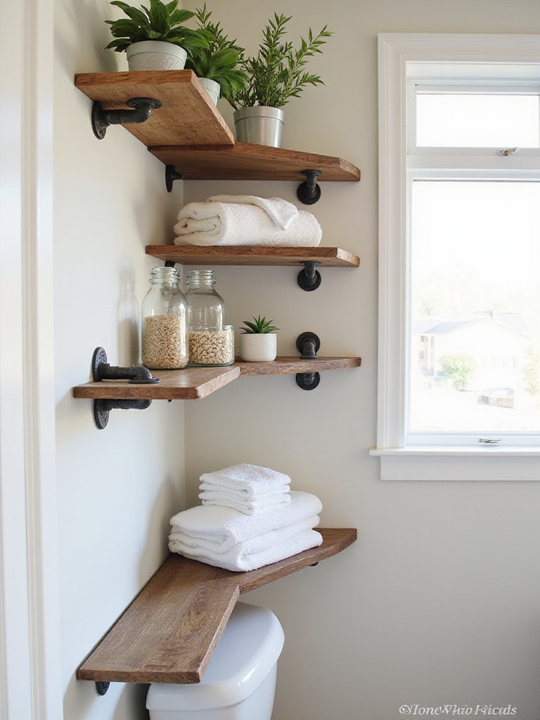 Open shelves made of wood and pipe brackets in a farmhouse-style bathroom, showcasing towels and decor.