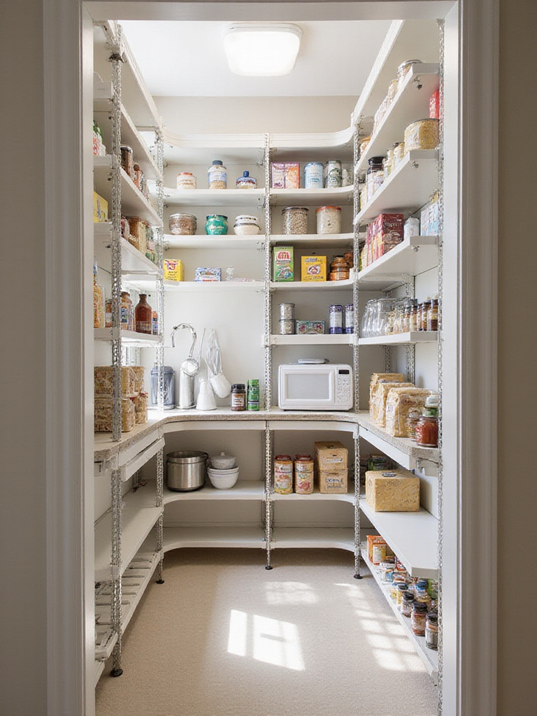 Interior view of a well-organized walk-in pantry featuring adjustable shelving units maximizing vertical storage space with items arranged by height.