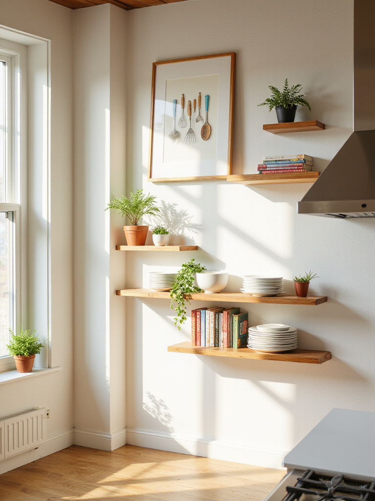 Modern kitchen with floating shelves displaying dishes, cookbooks, and plants to maximize vertical space.