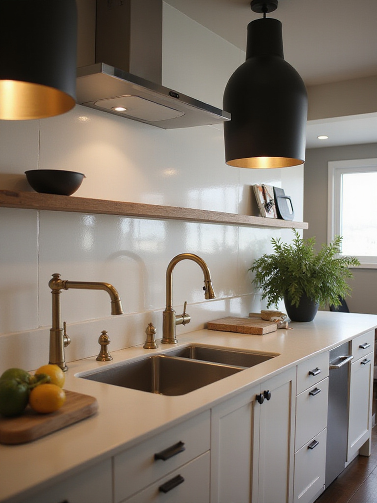 Modern kitchen with mixed metal finishes including brushed nickel, brass, and matte black.