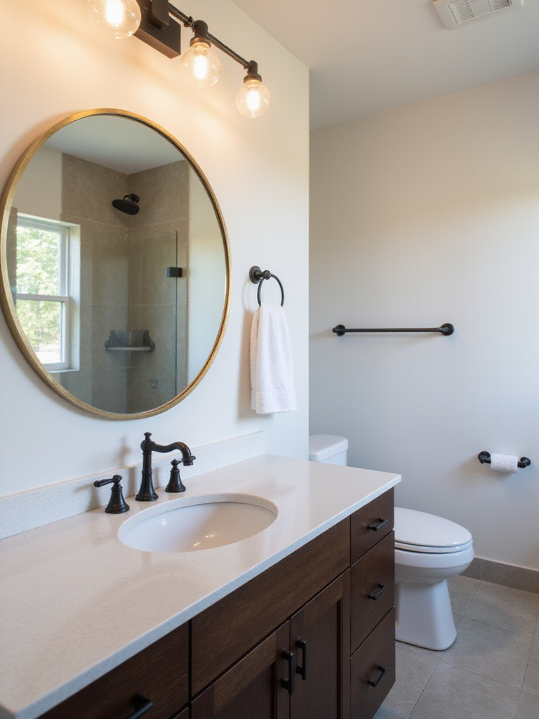 Modern bathroom featuring mixed metal finishes including polished chrome faucet, matte black cabinet pulls, brushed brass mirror frame, and brushed nickel towel bar, creating a sophisticated and layered design.
