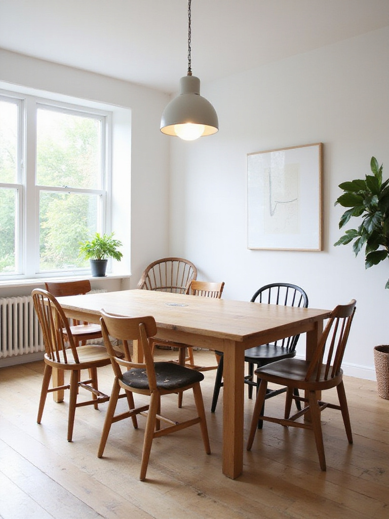 A dining room with a rectangular wooden table surrounded by a collection of intentionally mixed and matched dining chairs in various styles and materials.