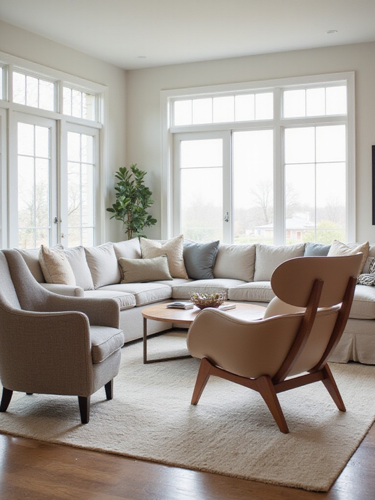 Living room featuring a mix of chair styles, including a traditional wingback and a mid-century modern lounge chair, demonstrating how different furniture aesthetics can be harmoniously paired.