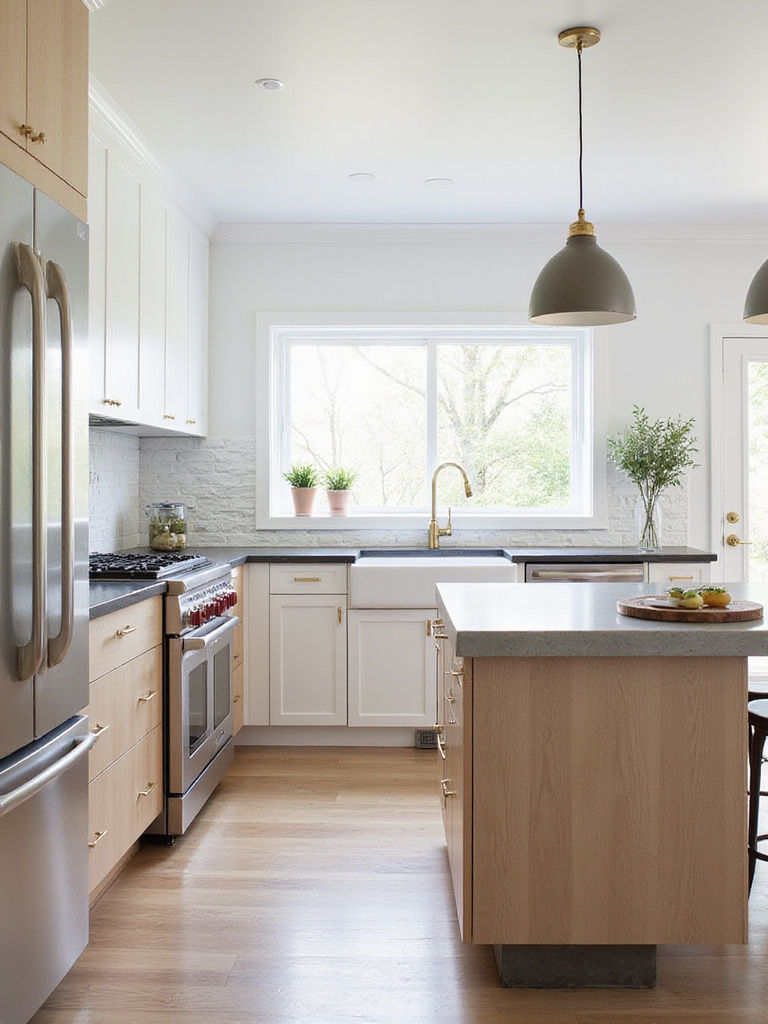 Modern kitchen design featuring mixed materials: wood cabinetry, concrete island, and textured tile backsplash.