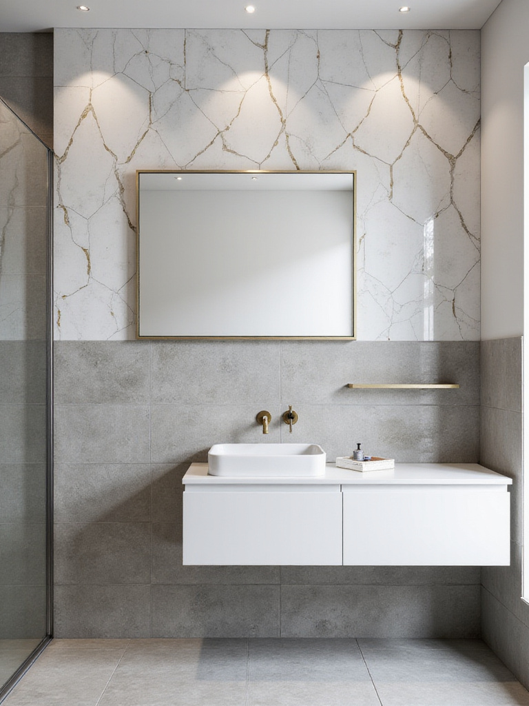 Modern bathroom featuring a vanity wall tiled with a mix of large format grey concrete-look porcelain and geometric white marble and brass hexagon tiles, creating a sophisticated focal point.