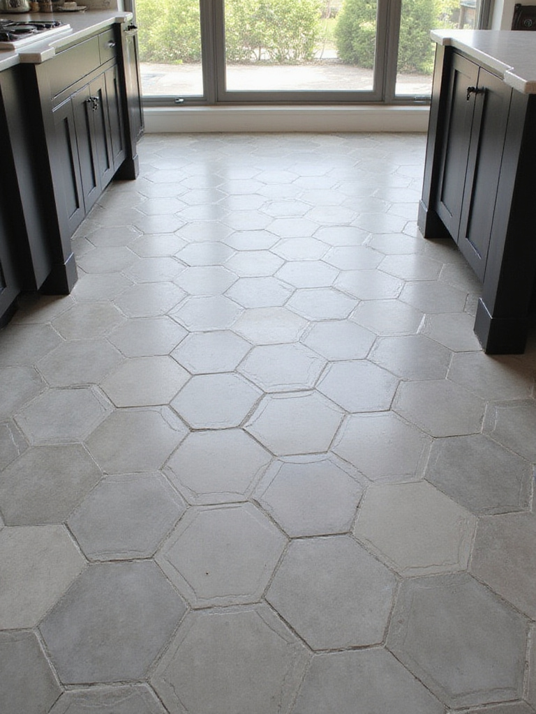 Modern kitchen floor tiled with large format grey hexagonal tiles forming a honeycomb pattern.