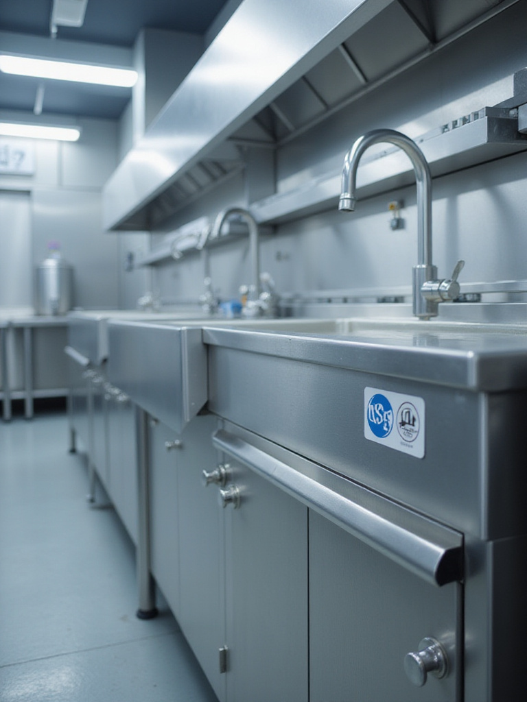 A large, NSF-certified stainless steel industrial kitchen sink in a clean commercial kitchen environment, highlighting its design features for sanitation.