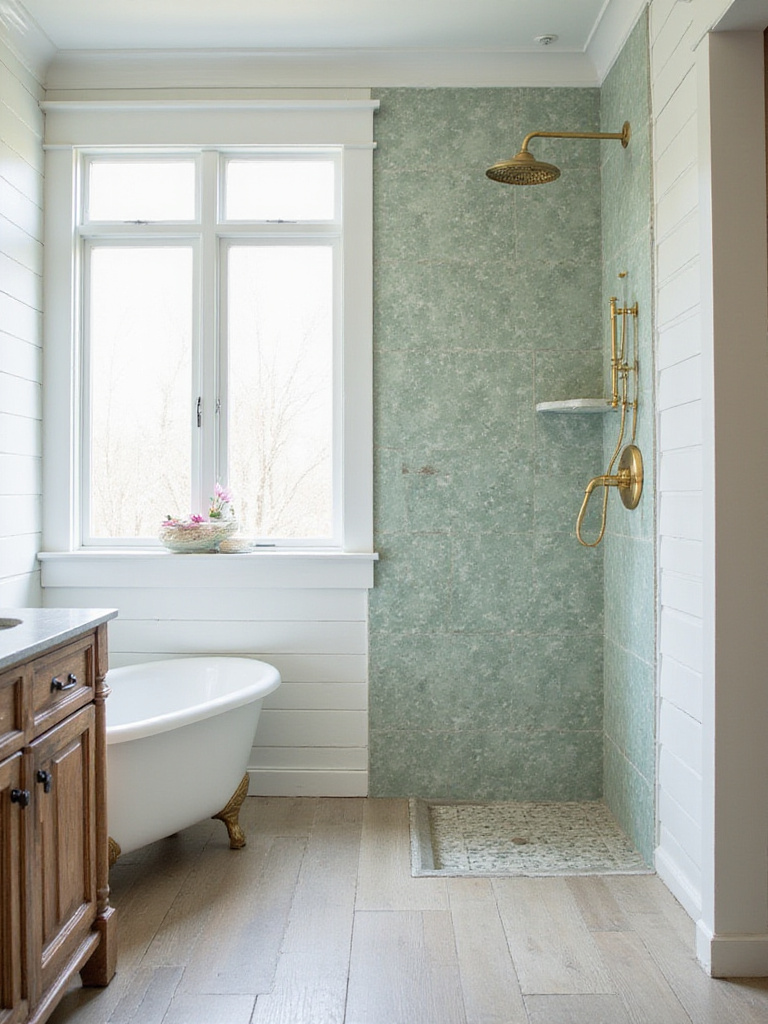 Farmhouse bathroom featuring sage green zellige-style ceramic tiles in the shower, paired with a rustic wood vanity, white shiplap walls, and brass fixtures, creating a natural and serene atmosphere.