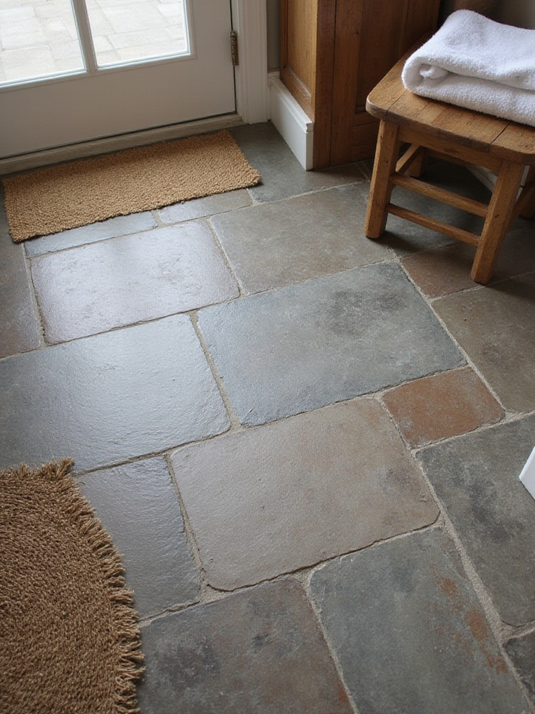 Rustic bathroom floor featuring natural slate tiles with beige grout and a jute rug.