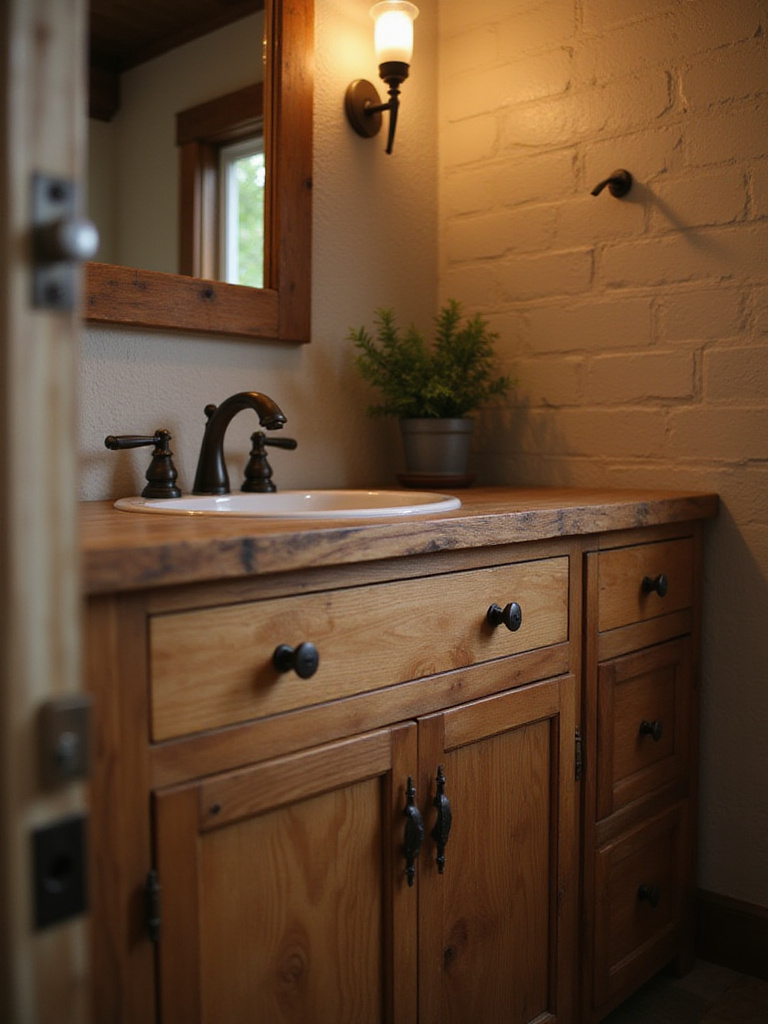 Rustic bathroom with oil-rubbed bronze faucet and cabinet hardware on a reclaimed wood vanity.