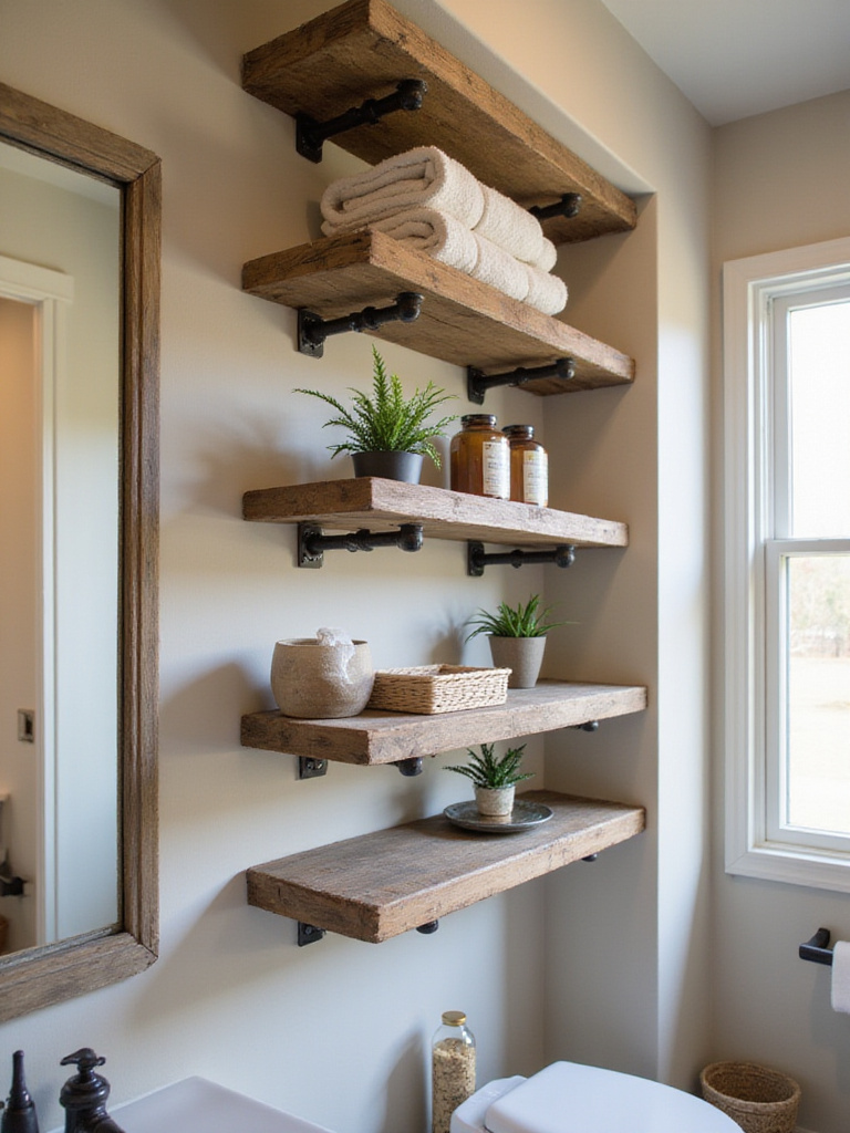 Rustic bathroom open shelving with black iron pipe brackets holding towels and decor.