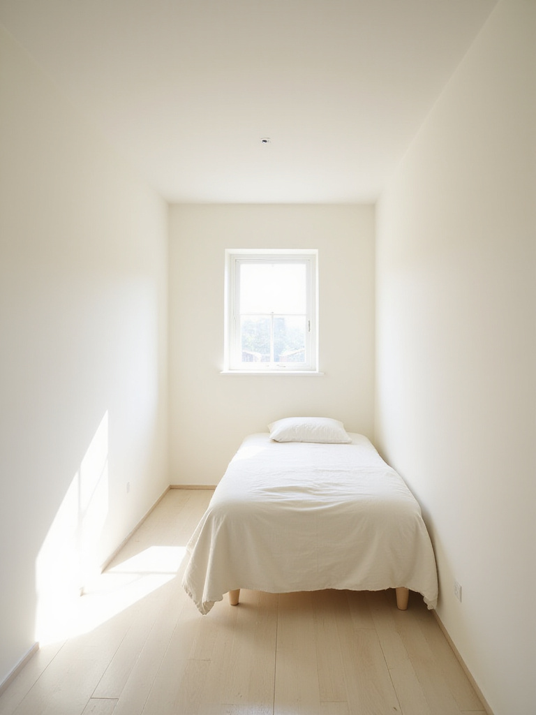 Small bedroom with light off-white walls and natural light, creating a spacious feel.