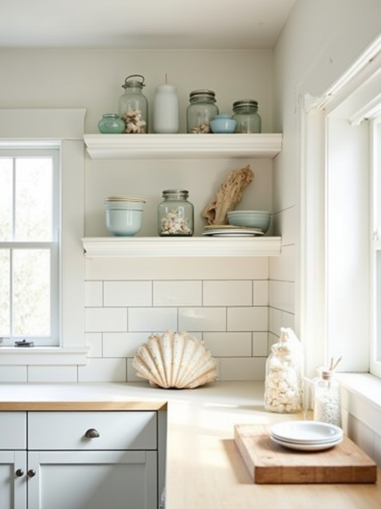 Open shelving in a coastal kitchen displaying white and blue dishes, glass jars of seashells, and driftwood.