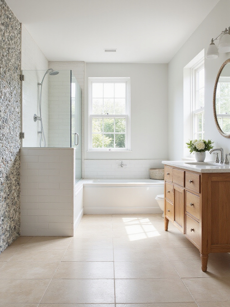 Coastal bathroom featuring a light beige sandy-textured floor and a shower wall with natural river pebble mosaic tiles, creating a serene beach-inspired look.