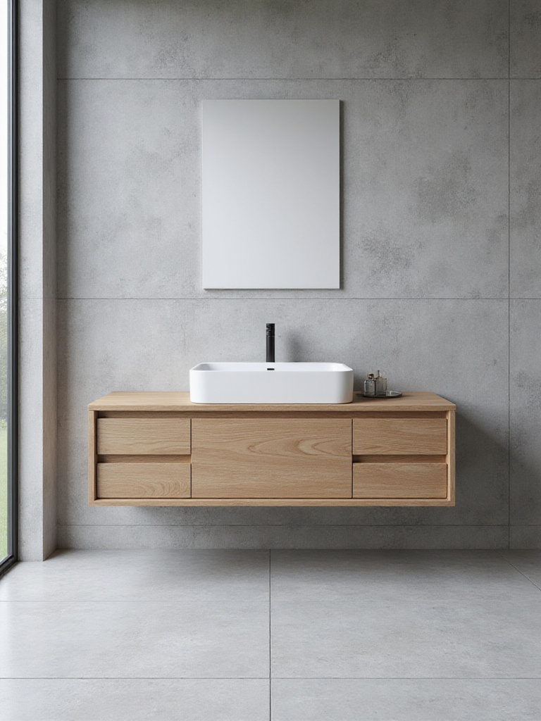 Modern bathroom with a floating wood vanity and white sink, showcasing the open floor space beneath to make the room feel larger.