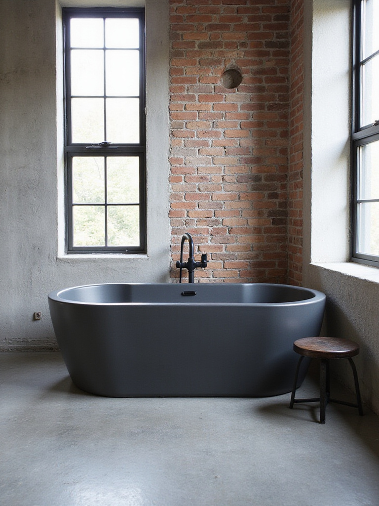 Industrial bathroom featuring a freestanding dark gray cast iron bathtub with exposed brick and concrete walls.