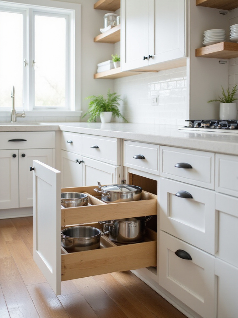 Optimized kitchen cabinet storage featuring deep pull-out drawers for pots and pans in a modern kitchen renovation.