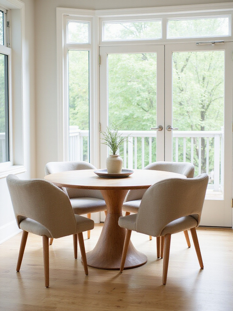 A round wooden dining table surrounded by four chairs in a bright, airy dining room, illustrating how a round table optimizes layout and encourages conversation.