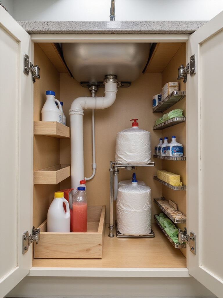 Organized under kitchen sink cabinet showcasing various storage solutions like pull-out drawers, tiered shelves, and door racks neatly storing cleaning supplies and garbage bags around plumbing pipes.