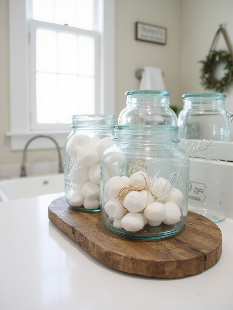 Bathroom countertop with repurposed Mason jars for storage