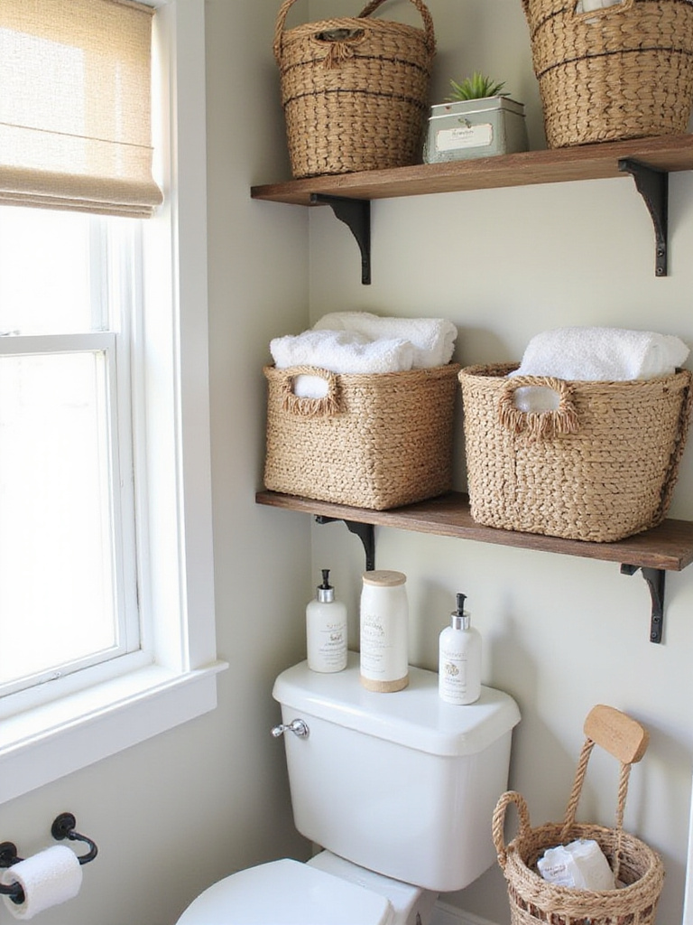 Farmhouse bathroom with woven and wire storage baskets on wooden shelves