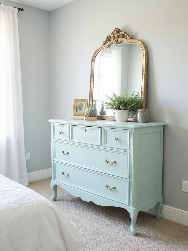 Teal painted dresser with brass hardware in a bright bedroom.