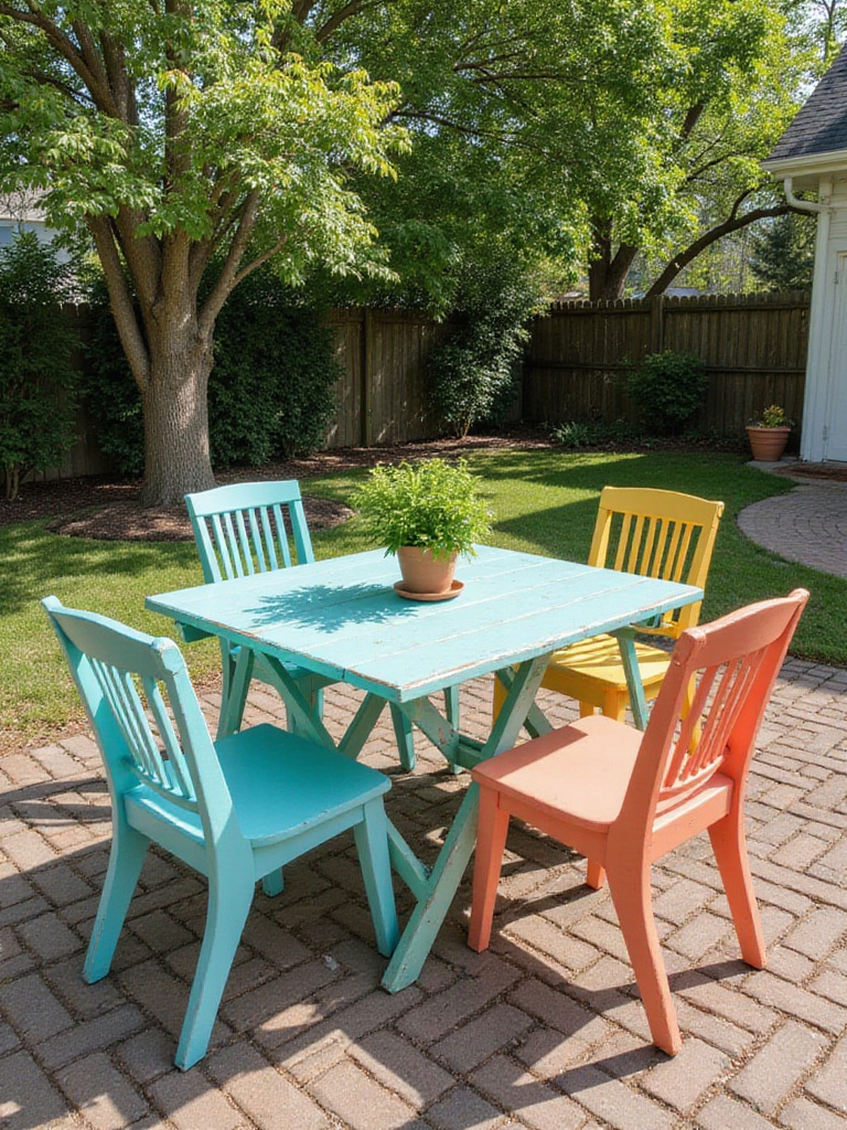 Backyard patio with colorful painted outdoor furniture.