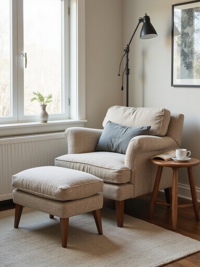 A cozy living room corner featuring a comfortable accent chair paired with a coordinating ottoman and a small side table, illustrating furniture pairing ideas.