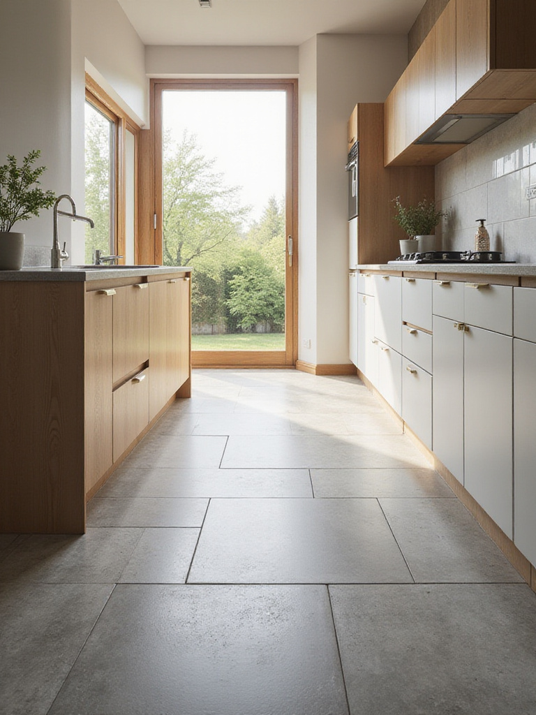 Modern kitchen floor tiled with large grey porcelain tiles, suggesting the presence of comfortable underfloor heating.