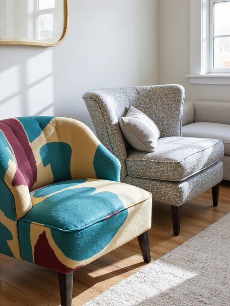 Two contrasting living room chairs demonstrating pattern play: one bold abstract, one subtle geometric, next to a neutral sofa.
