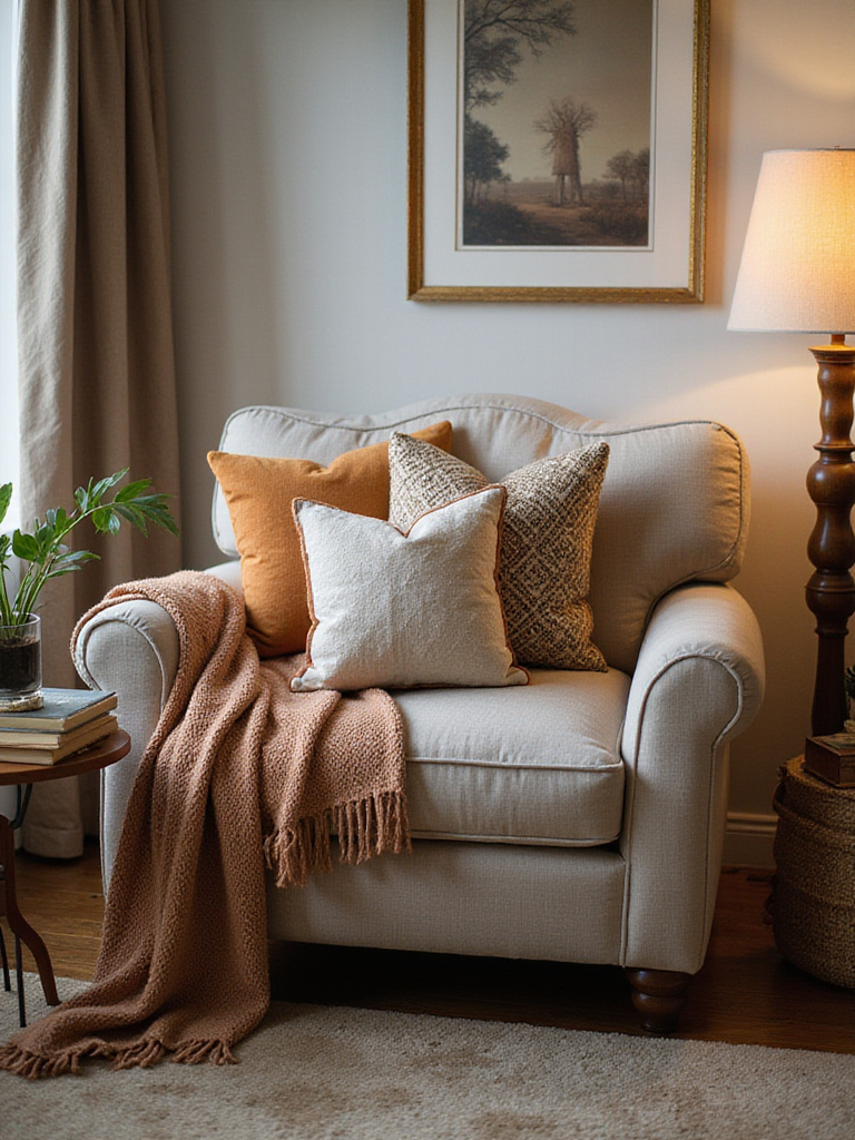 A cozy living room armchair personalized with layered throw pillows, a unique throw blanket, and a side table styled with books and a plant, highlighting unique decor touches.
