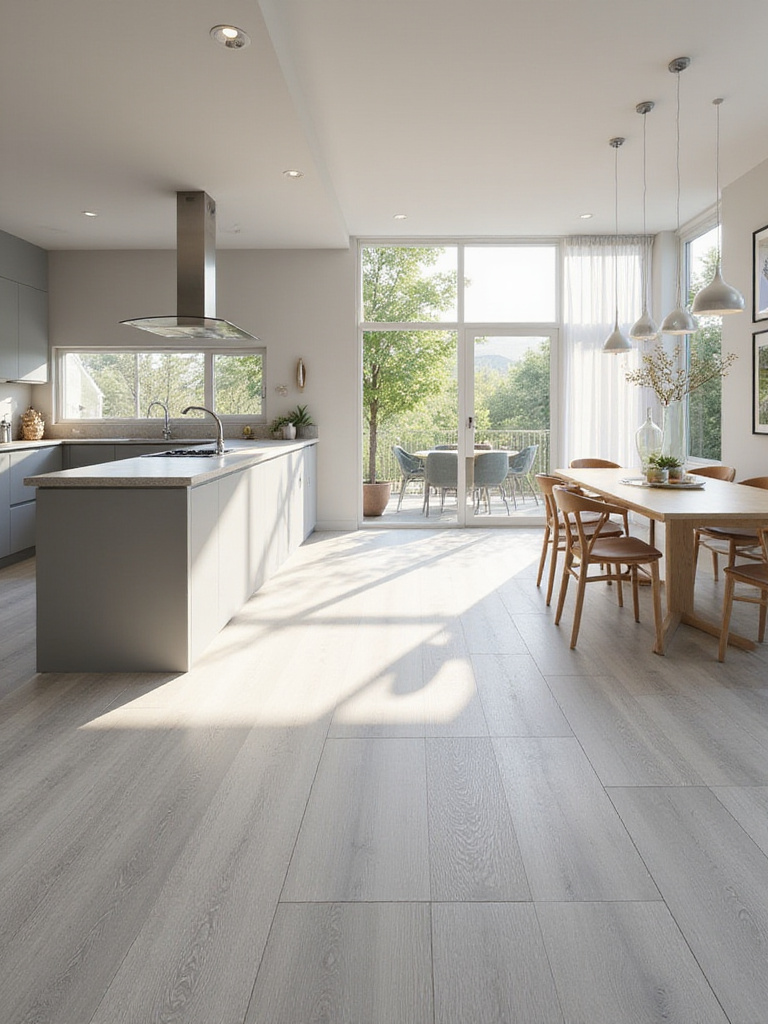 Modern kitchen with durable, easy-maintain flooring - large format tile or luxury vinyl plank. Bright, clean space.