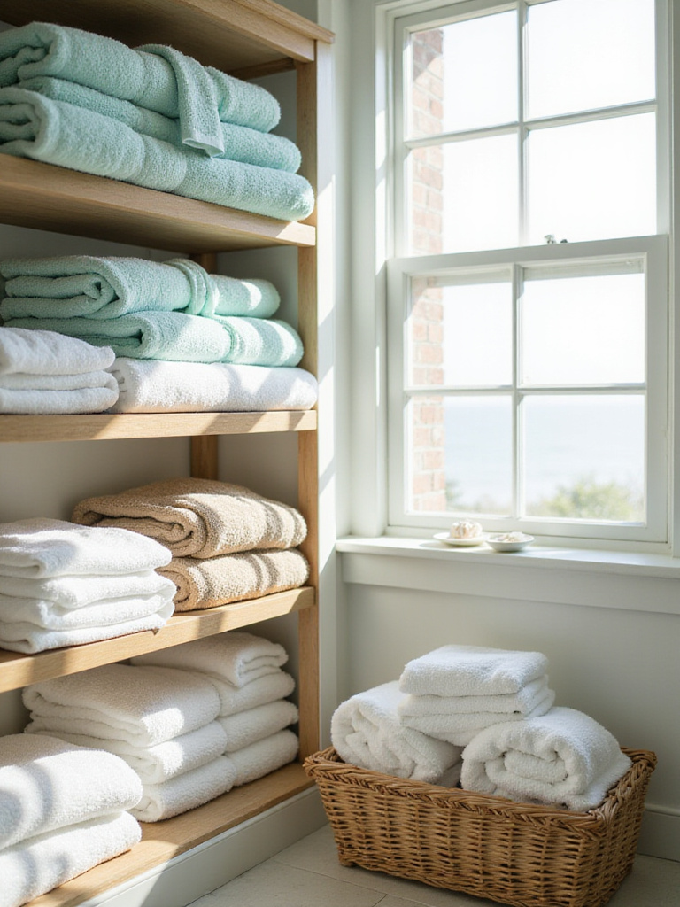 Plush bath towels in coastal colors (blue, green, beige, white) folded and rolled on open shelves in a bright, serene coastal bathroom.