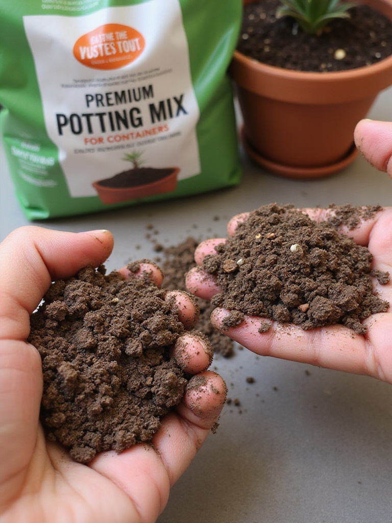 A visual comparison of dense garden soil versus light premium potting mix, emphasizing the importance of using the correct soil for container gardening.